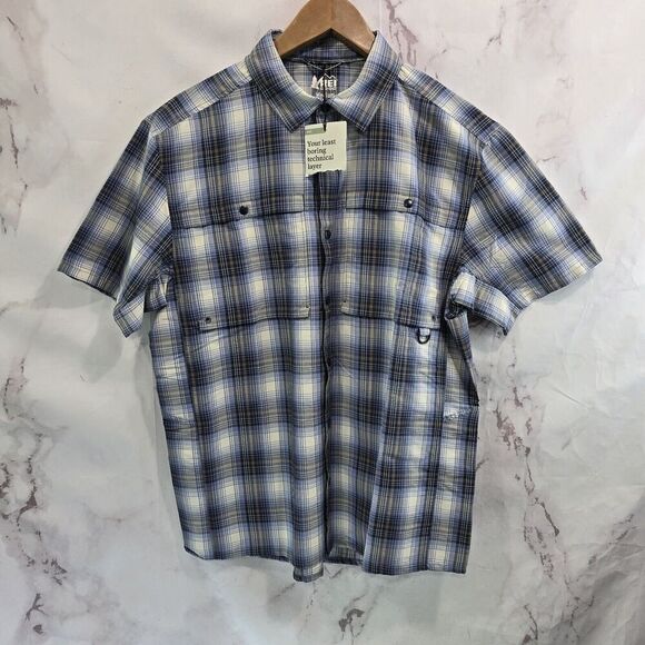 REI Co Op Shirt Mens Medium Blue Plaid Snap Button Short Sleeve Ripstop Vented